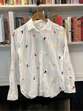 LOFT White Button-Down Shirt with Multicolor Pineapple Embroidery